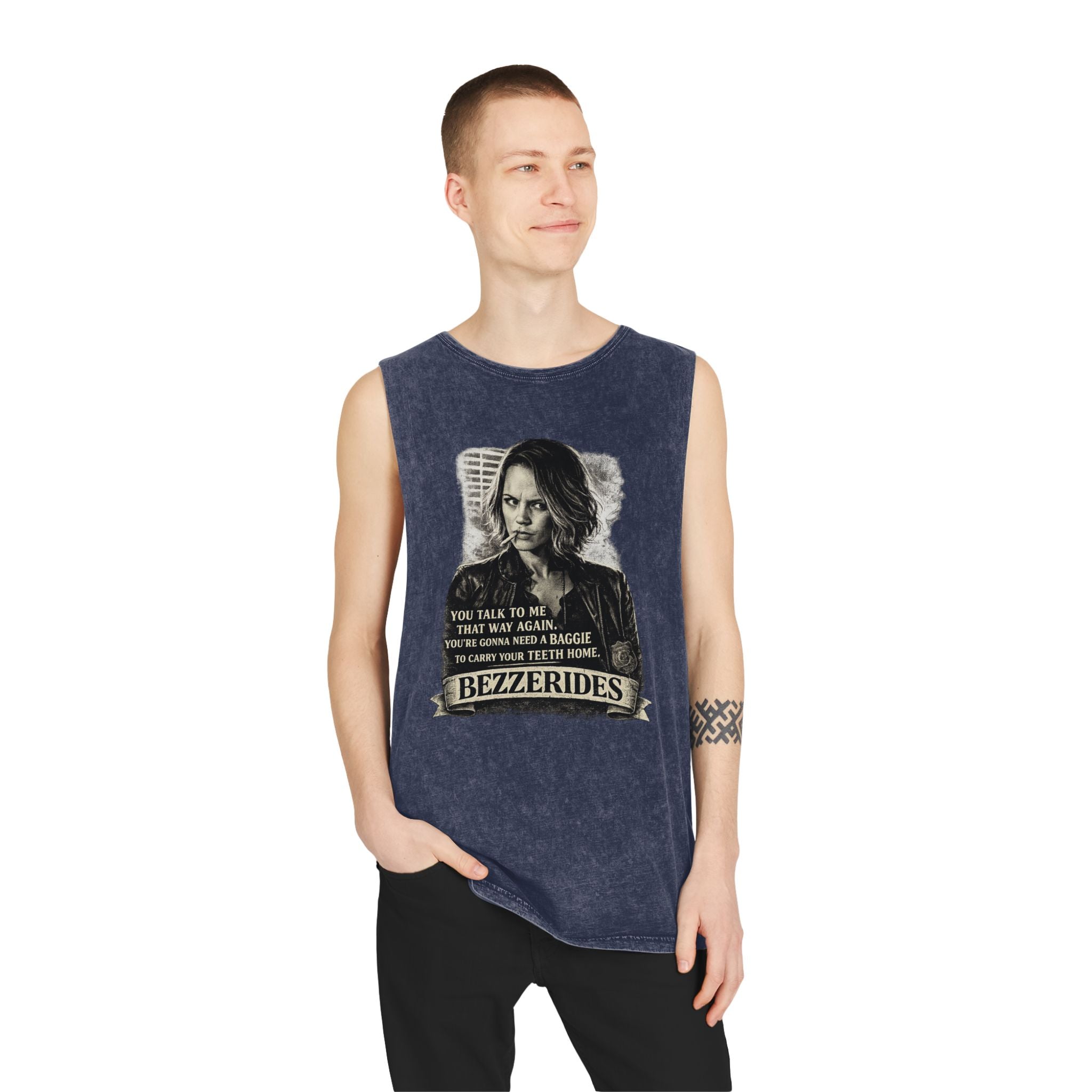 Bezzerides Vintage Stonewash Tank Top — 'You Talk To Me That Way Again...' Graphic