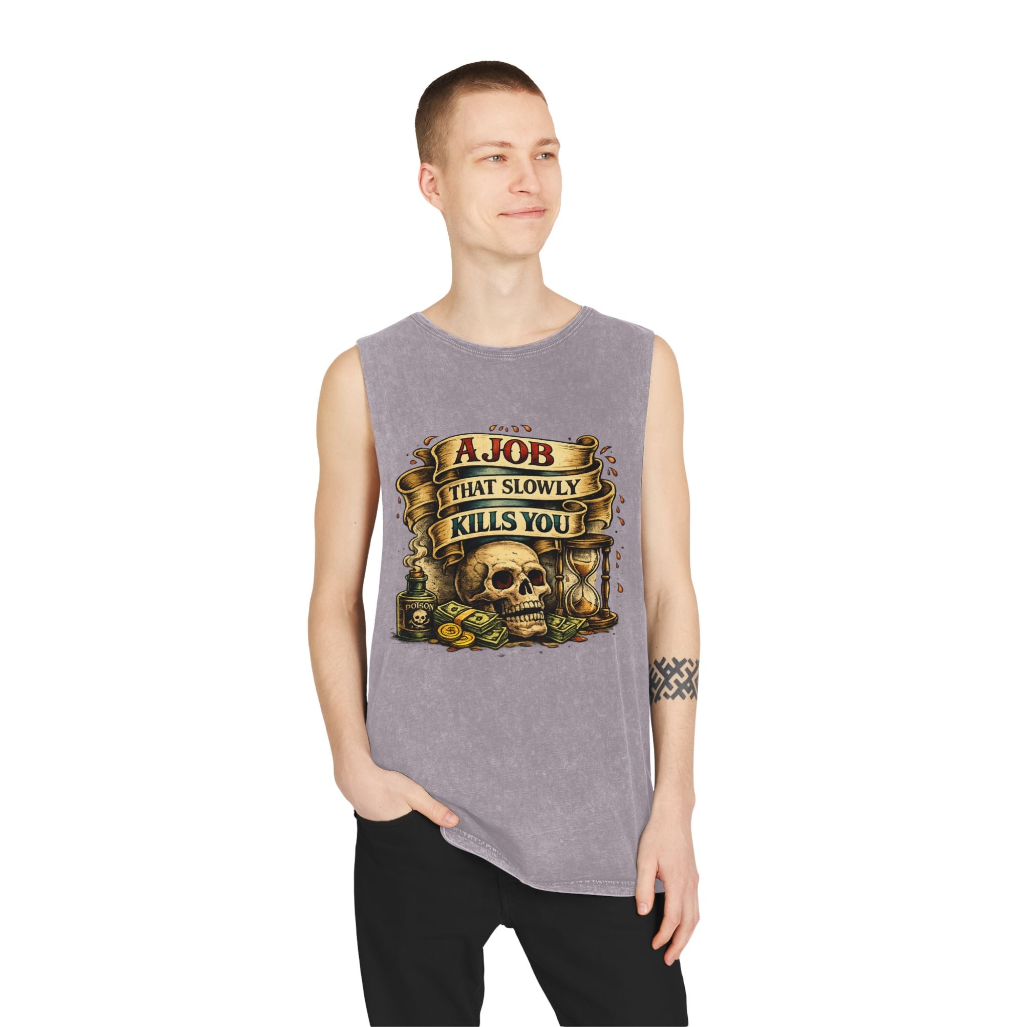 Tank Top — Retro Skull 'A Job That Slowly Kills You' Stonewash Muscle Tee
