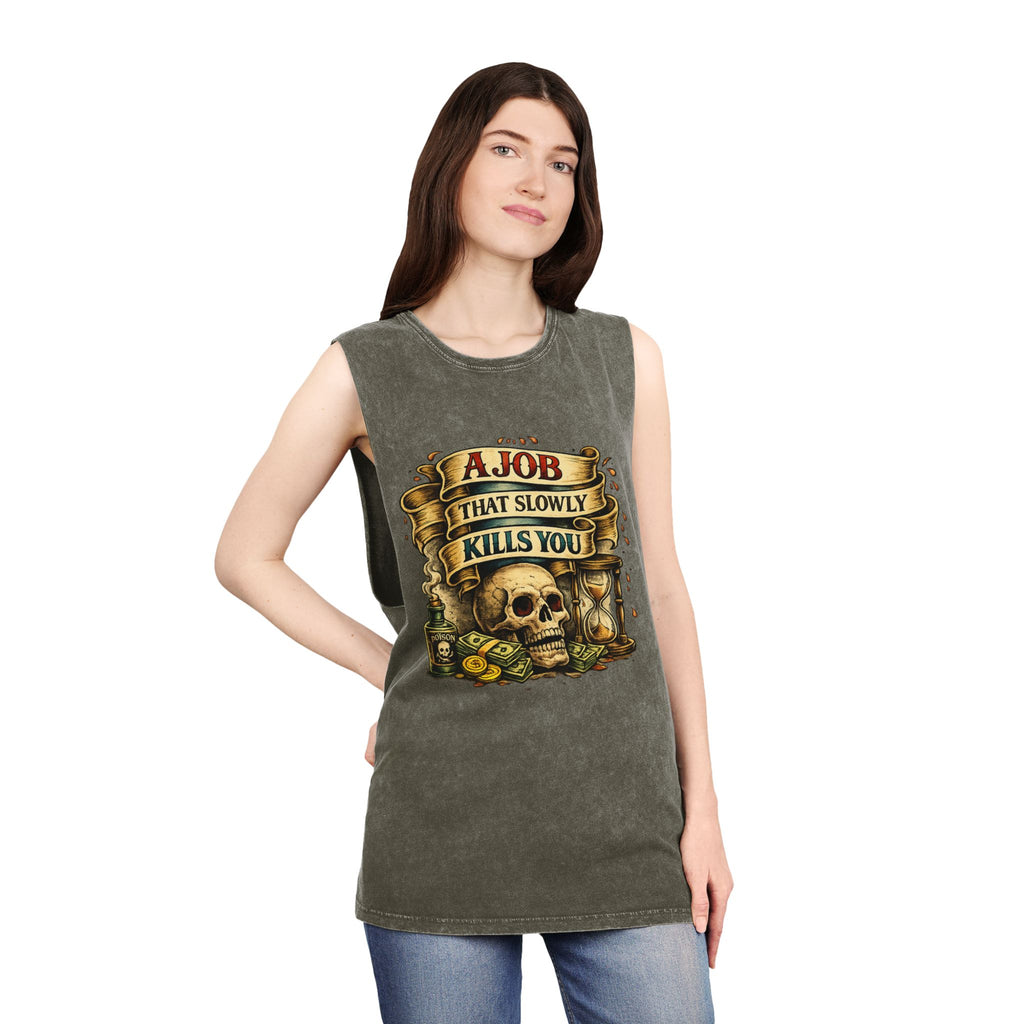 Tank Top — Retro Skull 'A Job That Slowly Kills You' Stonewash Muscle Tee