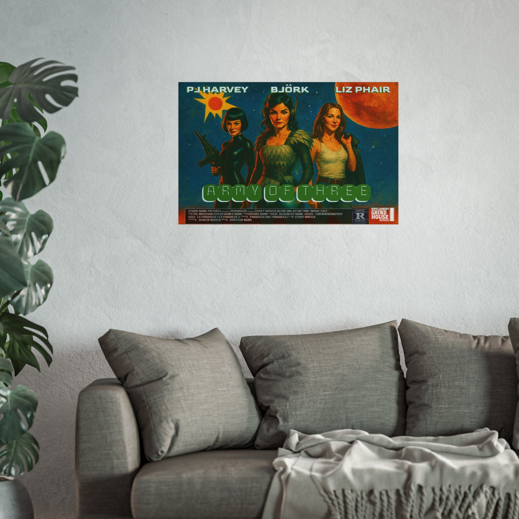 Army of Three 60s Sci-fi Grind House Inspired, Unique Gift for Film Lovers and Home Aesthetic