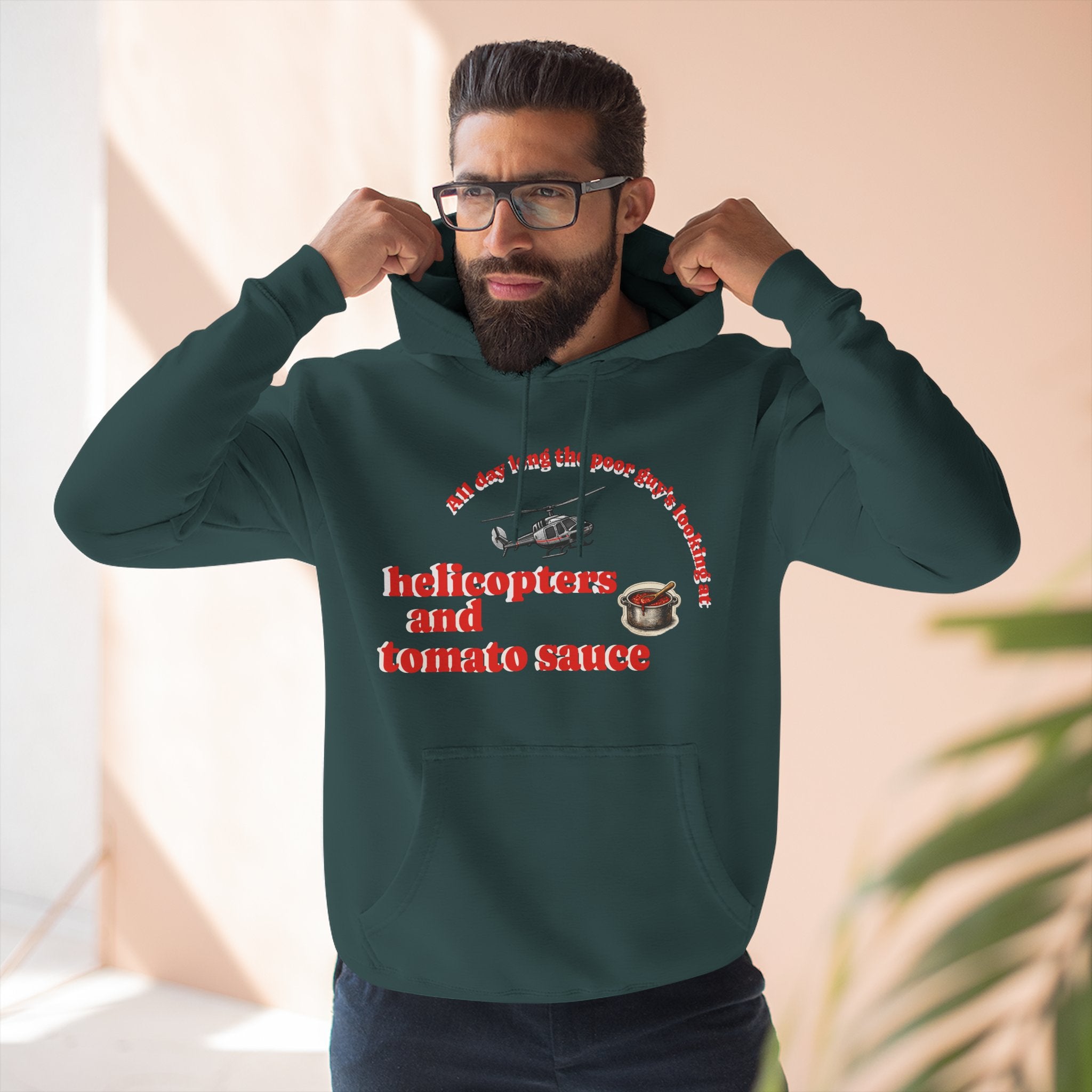 Hoodie — 'Helicopters and Tomato Sauce' Graphic Pullover (Retro Helicopter + Sauce Pot Print)