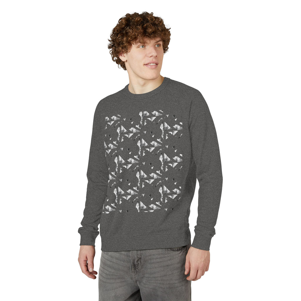 Graphic Raglan Crewneck Sweatshirt — Monochrome Geometric Pattern