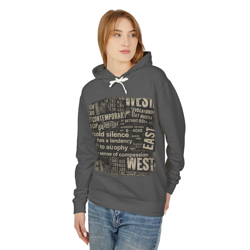 Vintage Newspaper Graphic Hoodie — "cold silence has a tendency to atrophy"