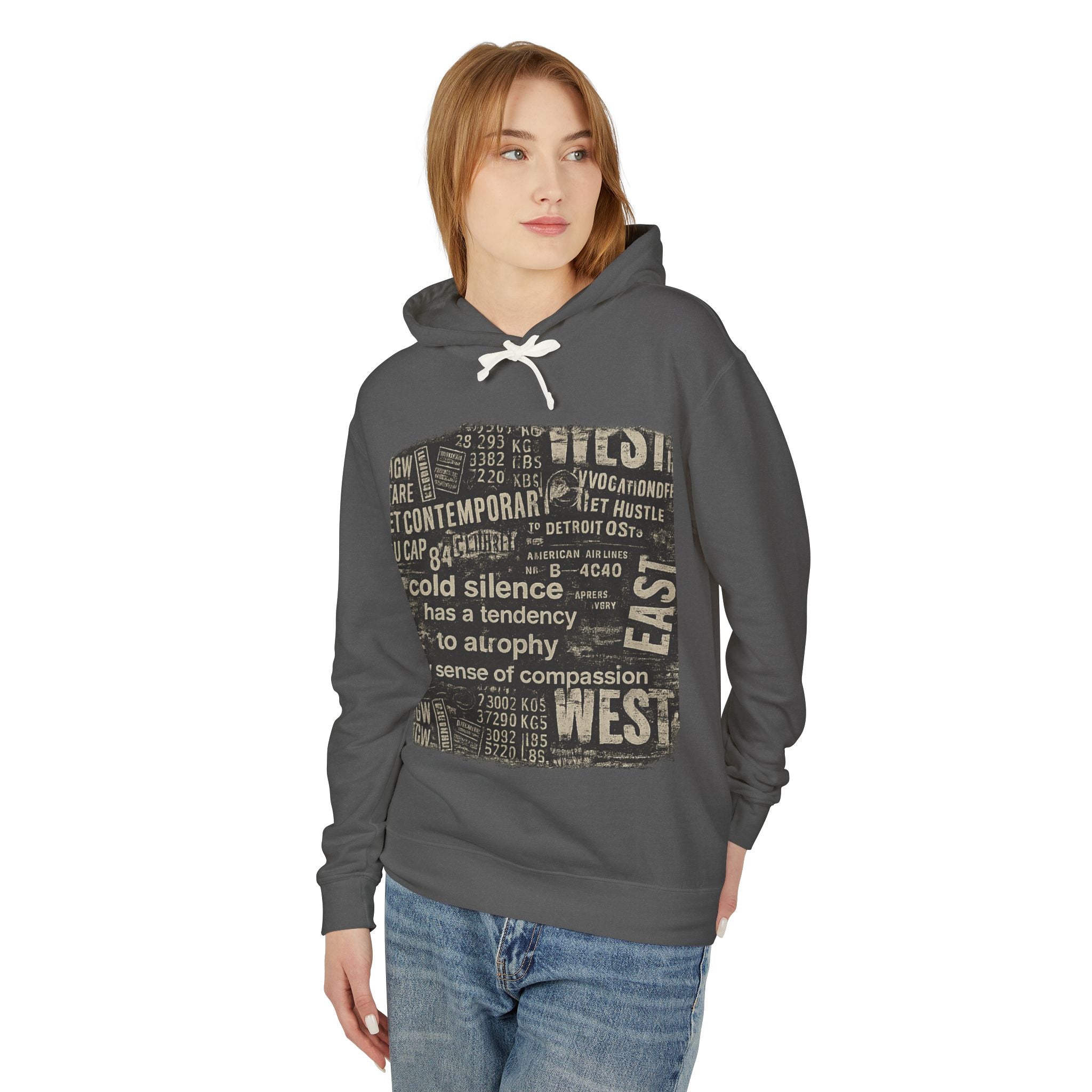 Vintage Newspaper Graphic Hoodie — "cold silence has a tendency to atrophy"