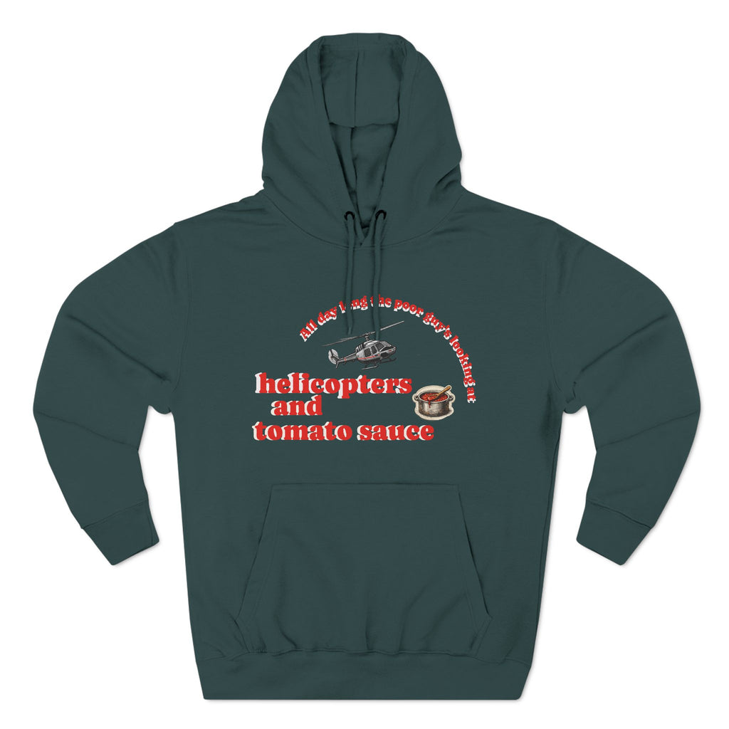 Hoodie — 'Helicopters and Tomato Sauce' Graphic Pullover (Retro Helicopter + Sauce Pot Print)