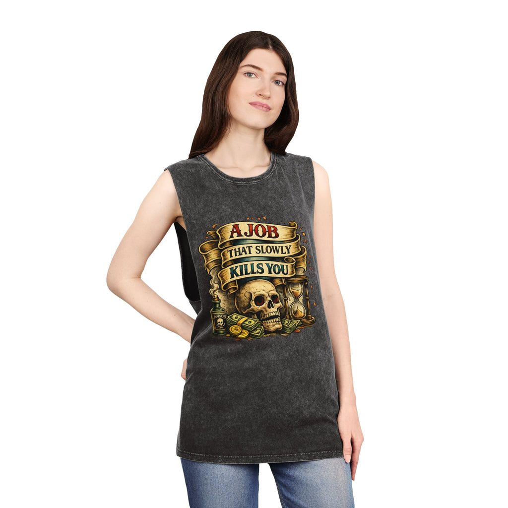 Tank Top — Retro Skull 'A Job That Slowly Kills You' Stonewash Muscle Tee