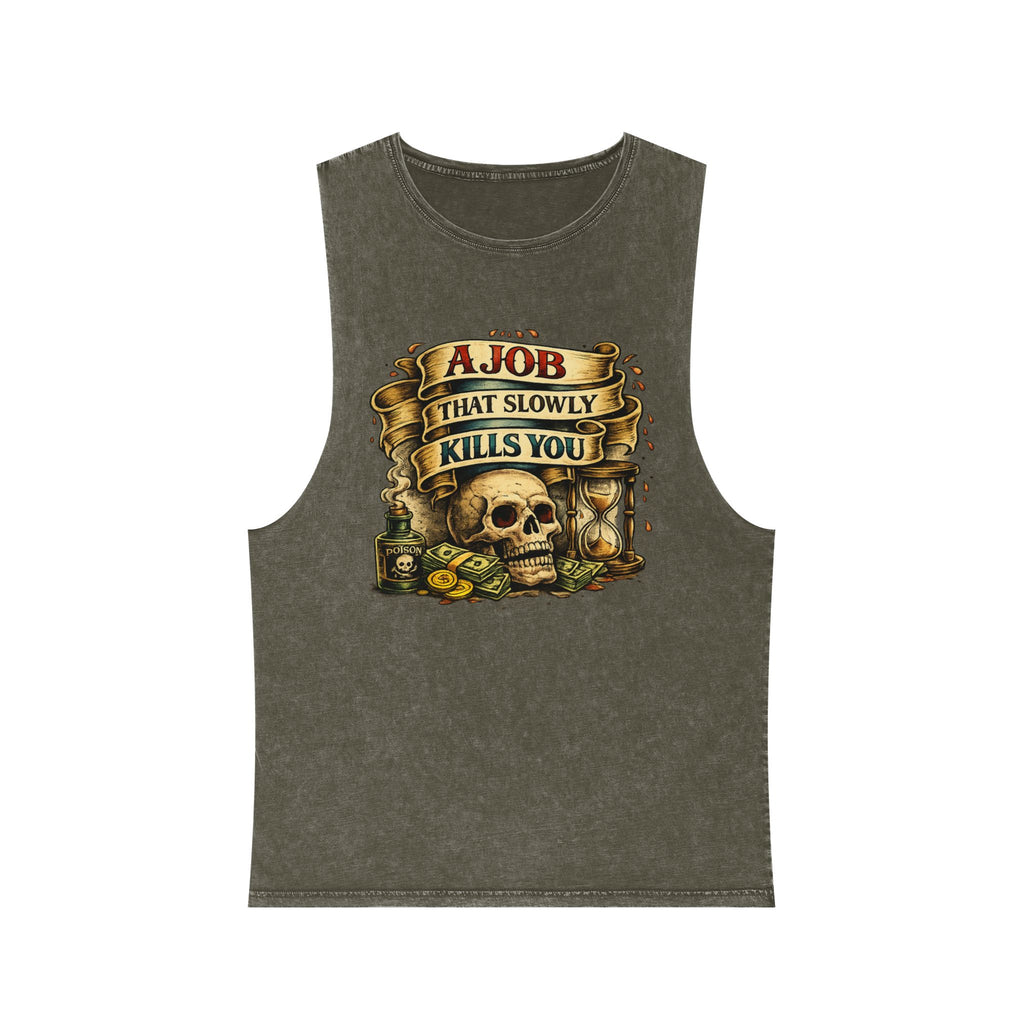 Tank Top — Retro Skull 'A Job That Slowly Kills You' Stonewash Muscle Tee