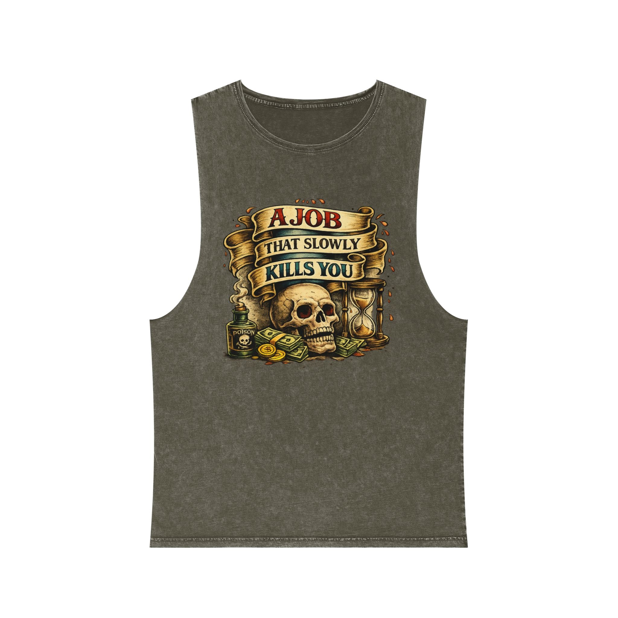 Tank Top — Retro Skull 'A Job That Slowly Kills You' Stonewash Muscle Tee
