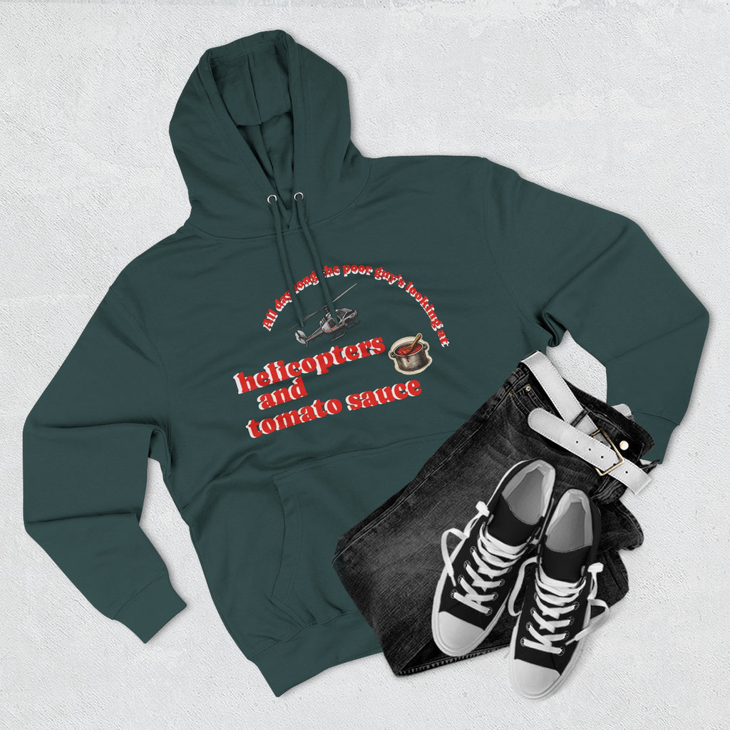 Hoodie — 'Helicopters and Tomato Sauce' Graphic Pullover (Retro Helicopter + Sauce Pot Print)