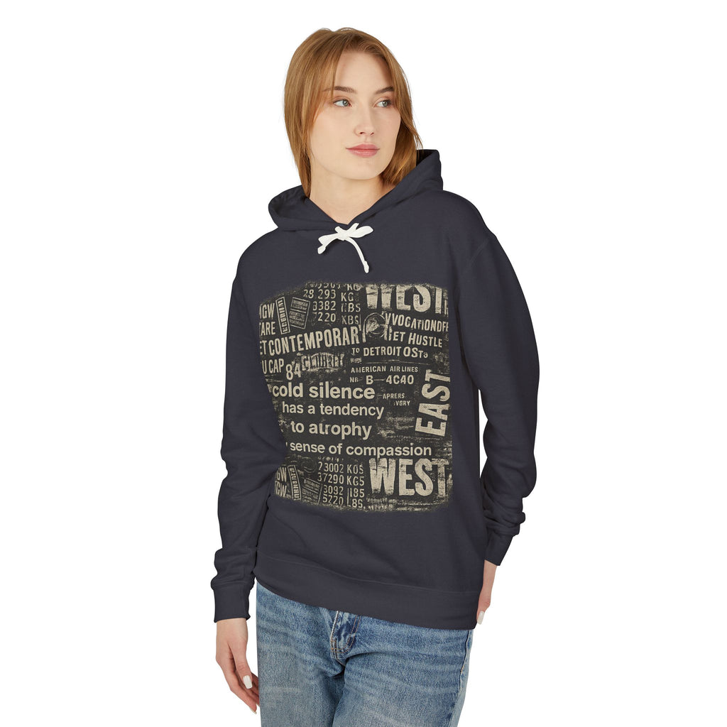 Vintage Newspaper Graphic Hoodie — "cold silence has a tendency to atrophy"