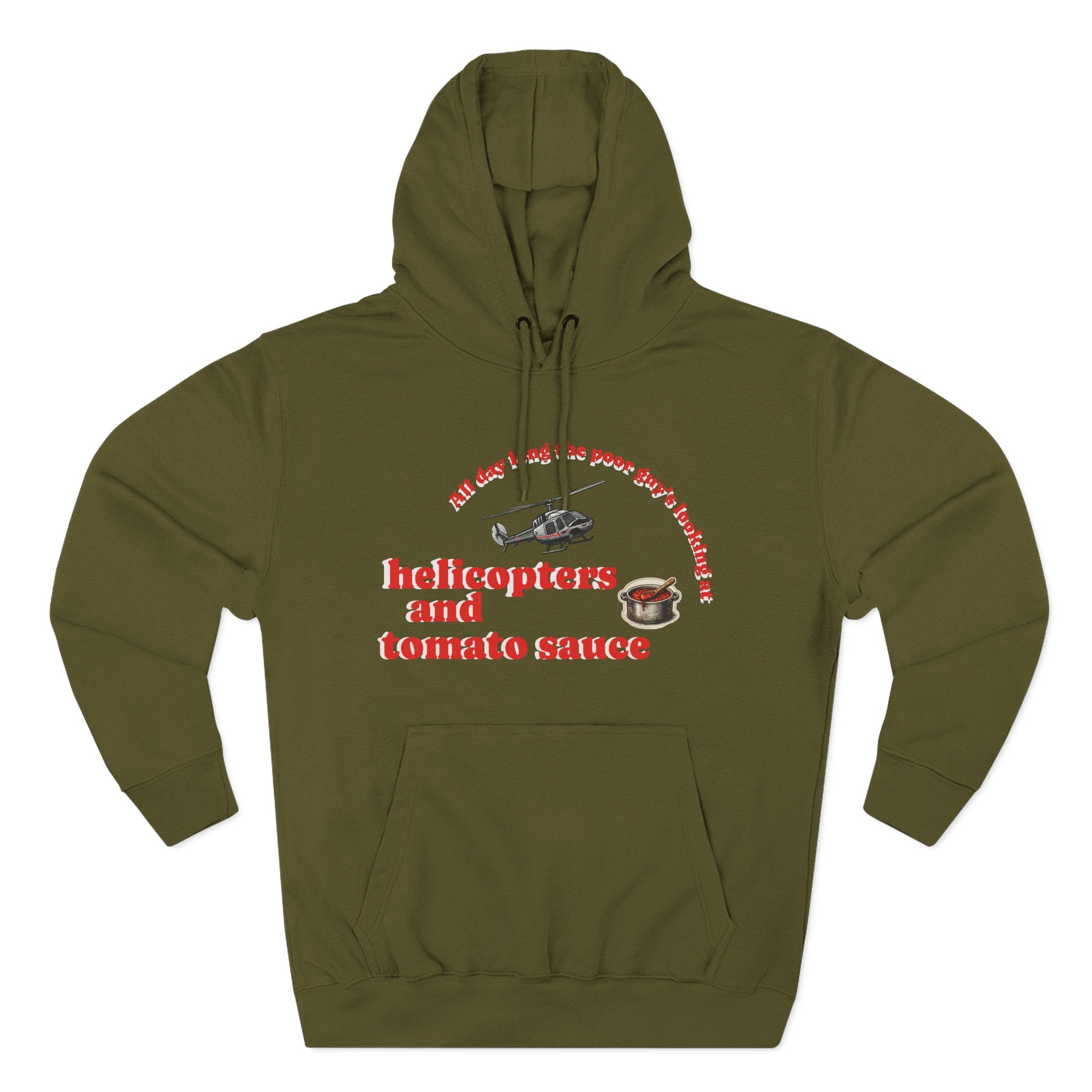 Hoodie — 'Helicopters and Tomato Sauce' Graphic Pullover (Retro Helicopter + Sauce Pot Print)