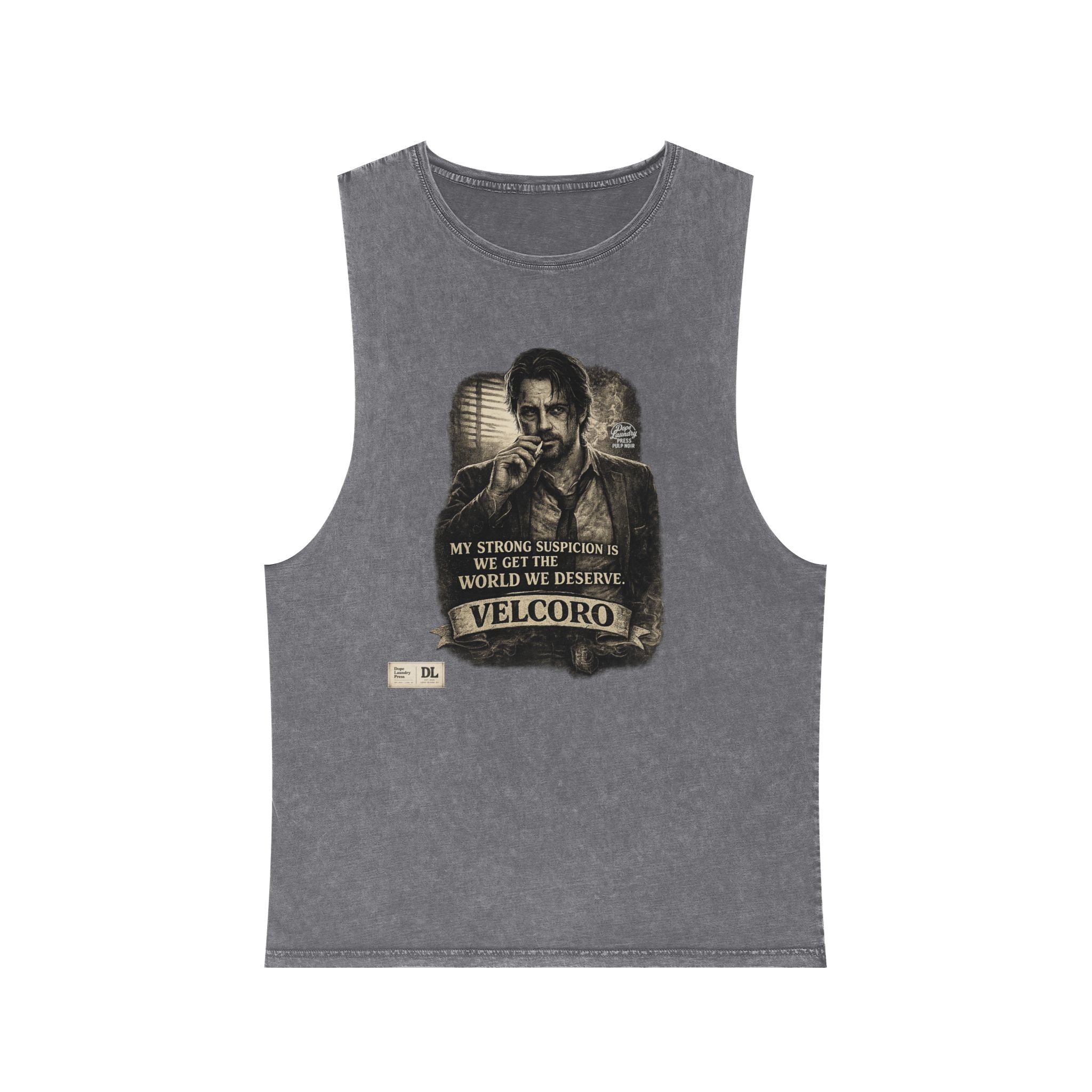 Stonewash Graphic Tank Top — Portrait with "Velcoro" Quote