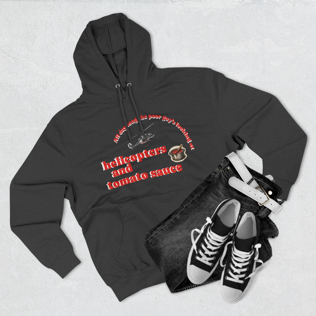 Hoodie — 'Helicopters and Tomato Sauce' Graphic Pullover (Retro Helicopter + Sauce Pot Print)