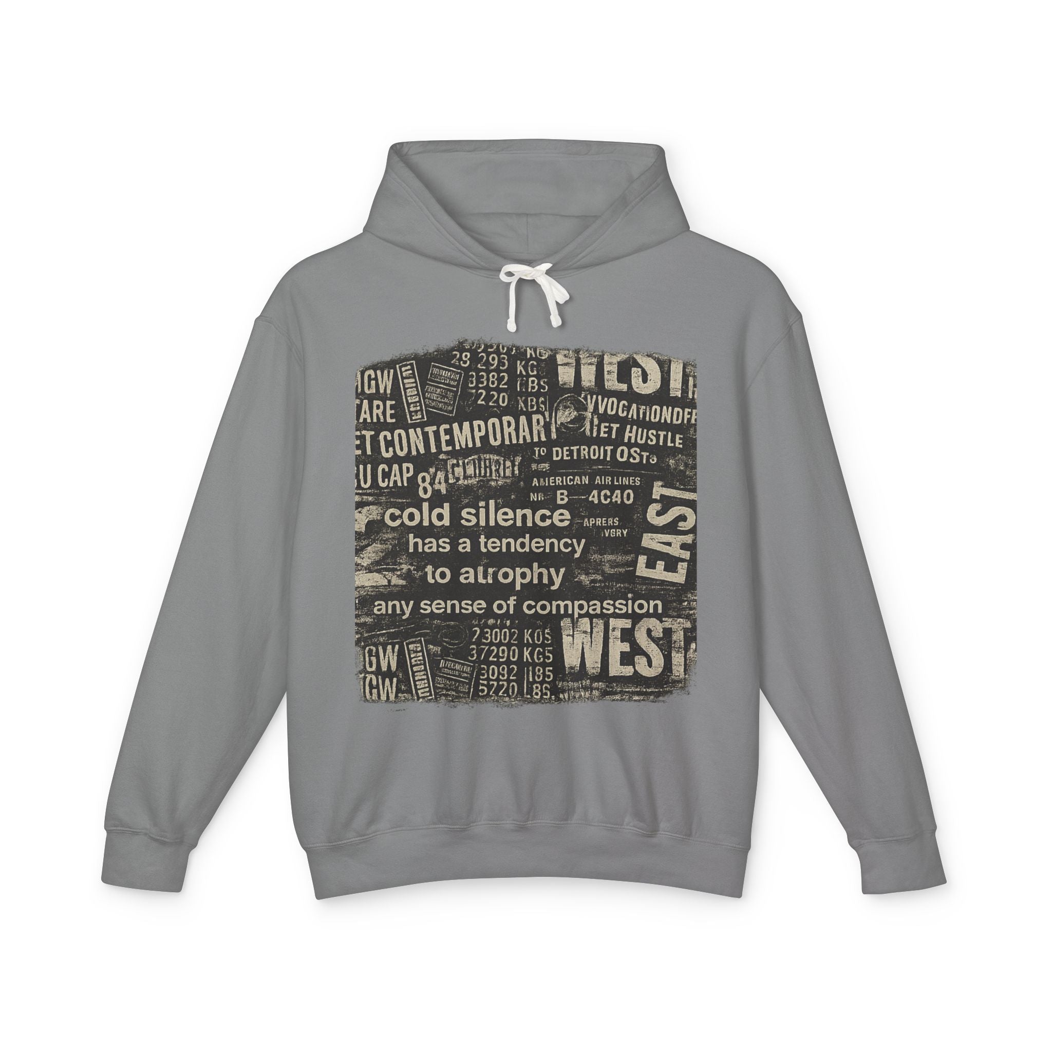 Vintage Newspaper Graphic Hoodie — "cold silence has a tendency to atrophy"