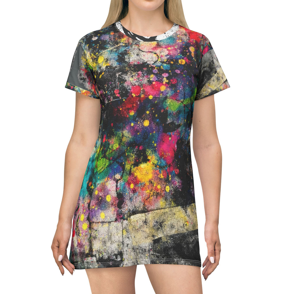 Abstract Graffiti T‑Shirt Dress — Colorful Splatter All‑Over Print