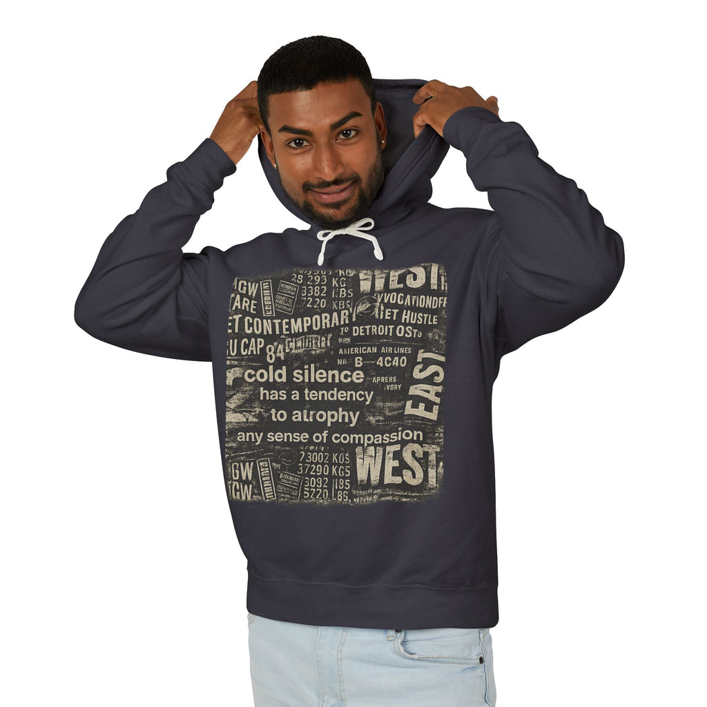Vintage Newspaper Graphic Hoodie — "cold silence has a tendency to atrophy"