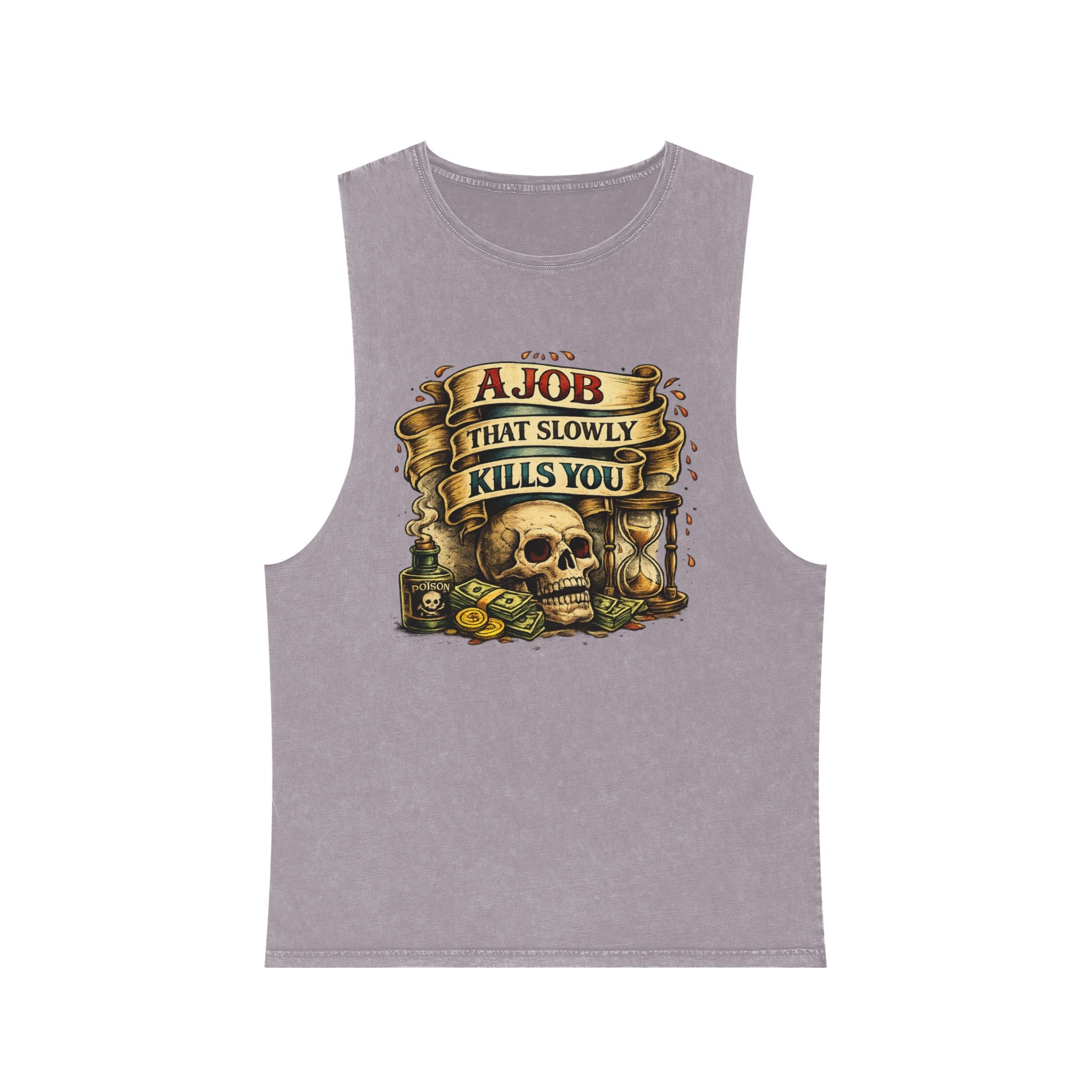 Tank Top — Retro Skull 'A Job That Slowly Kills You' Stonewash Muscle Tee