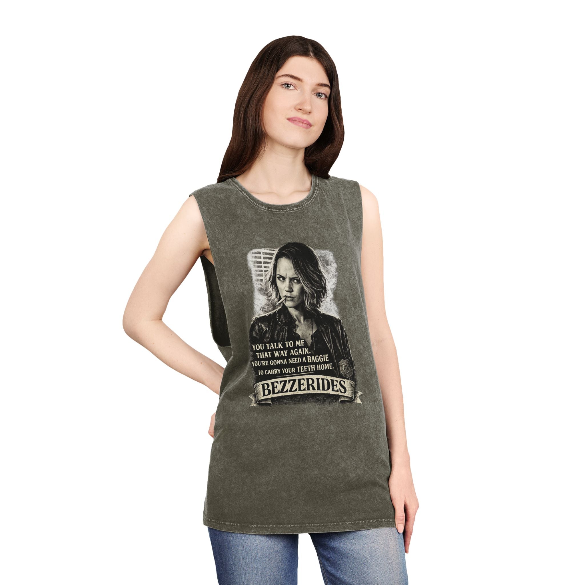 Bezzerides Vintage Stonewash Tank Top — 'You Talk To Me That Way Again...' Graphic