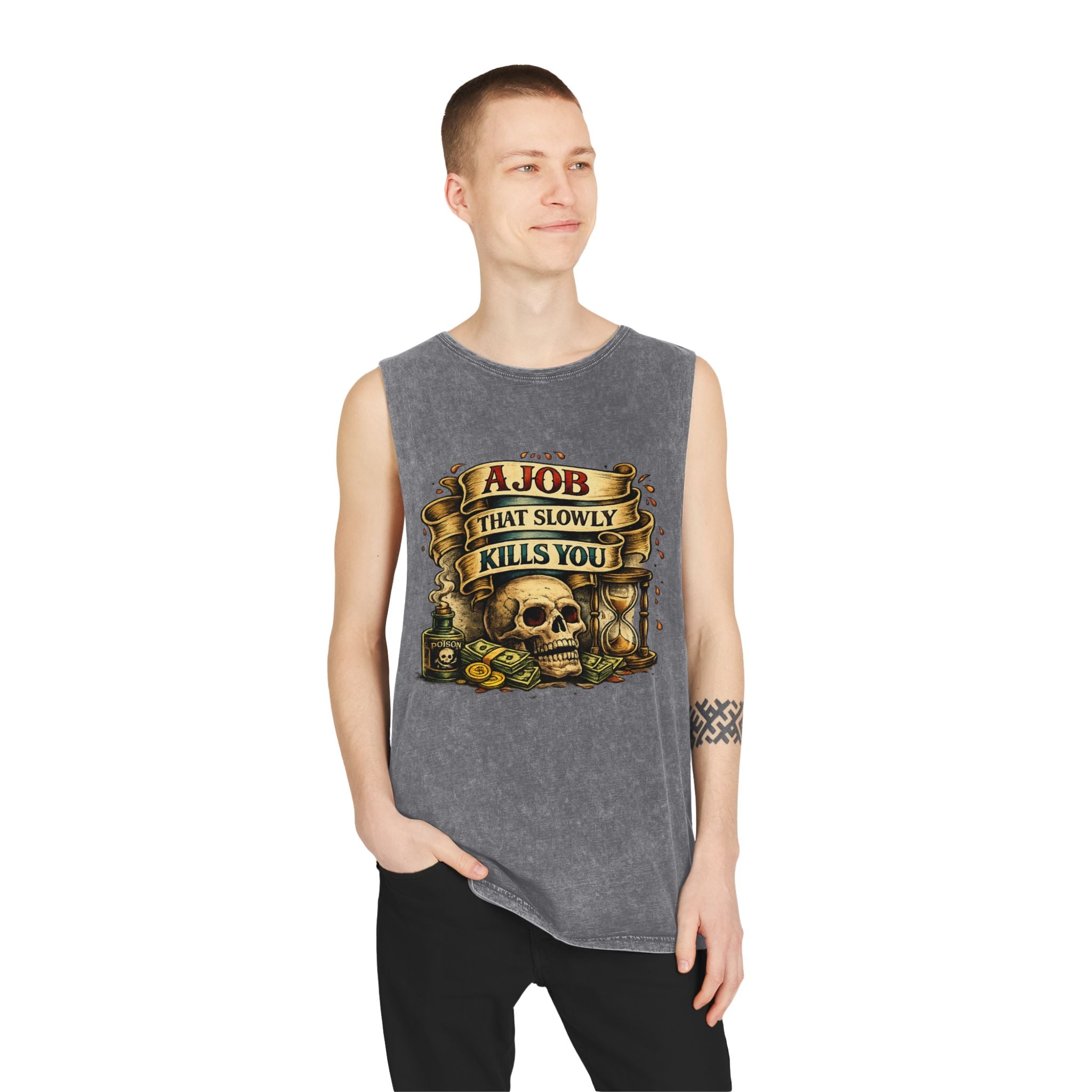Tank Top — Retro Skull 'A Job That Slowly Kills You' Stonewash Muscle Tee