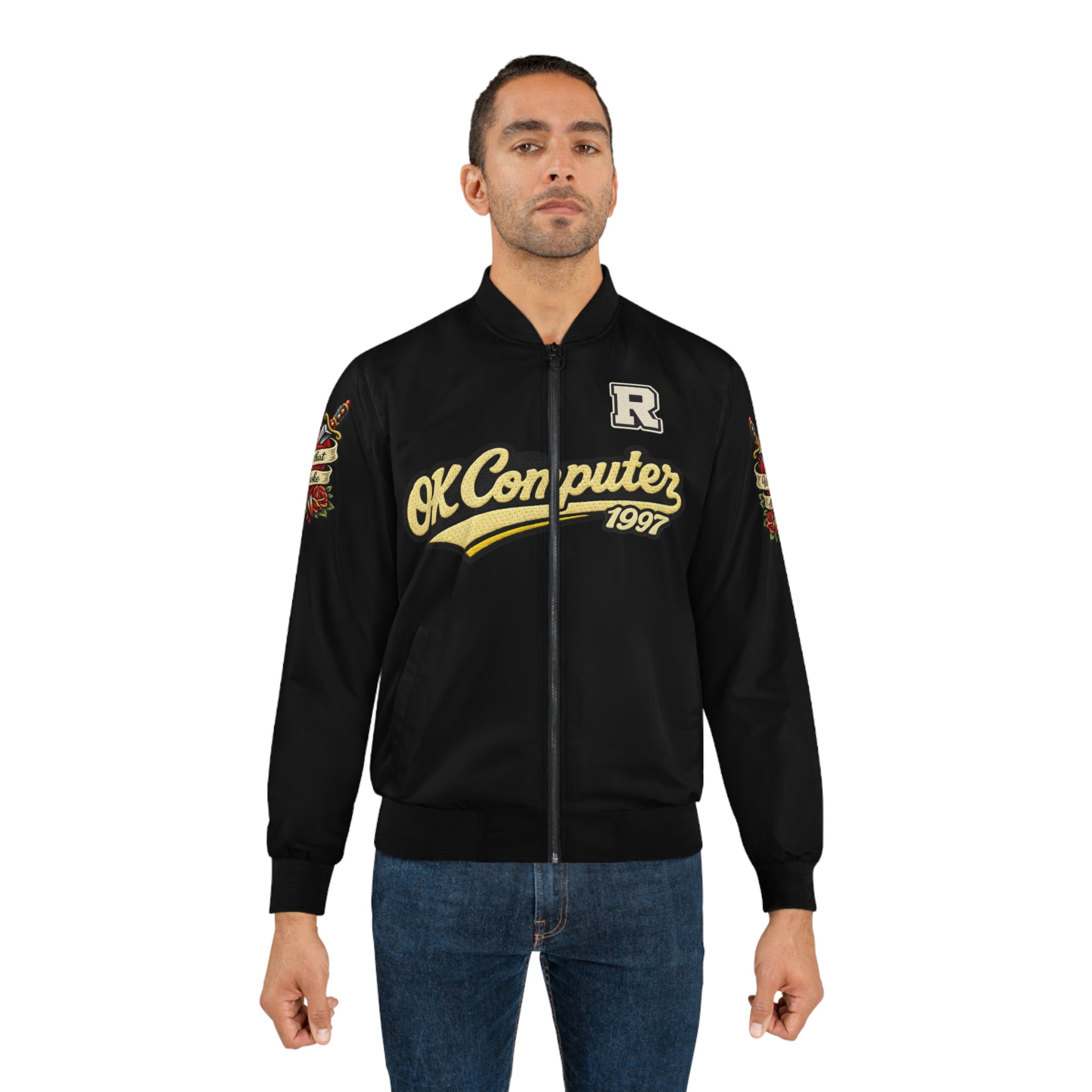 Bomber Jacket — "OK Computer 1997" Retro Graphic with "A Job That Slowly Kills You" Back