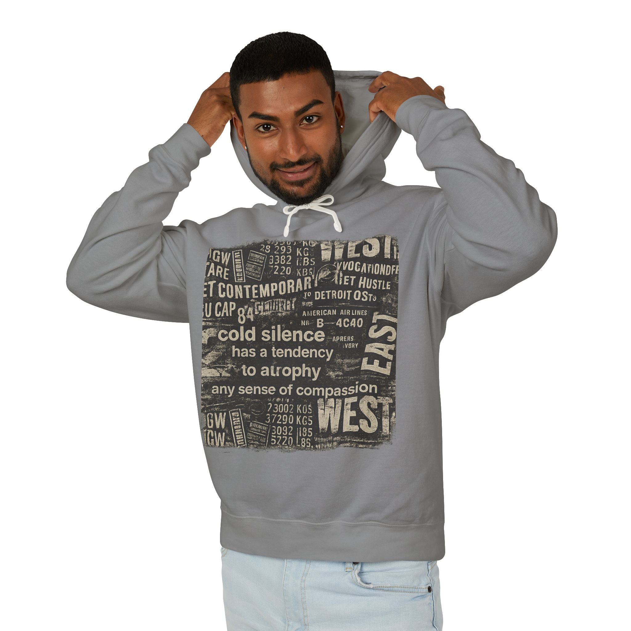 Vintage Newspaper Graphic Hoodie — "cold silence has a tendency to atrophy"