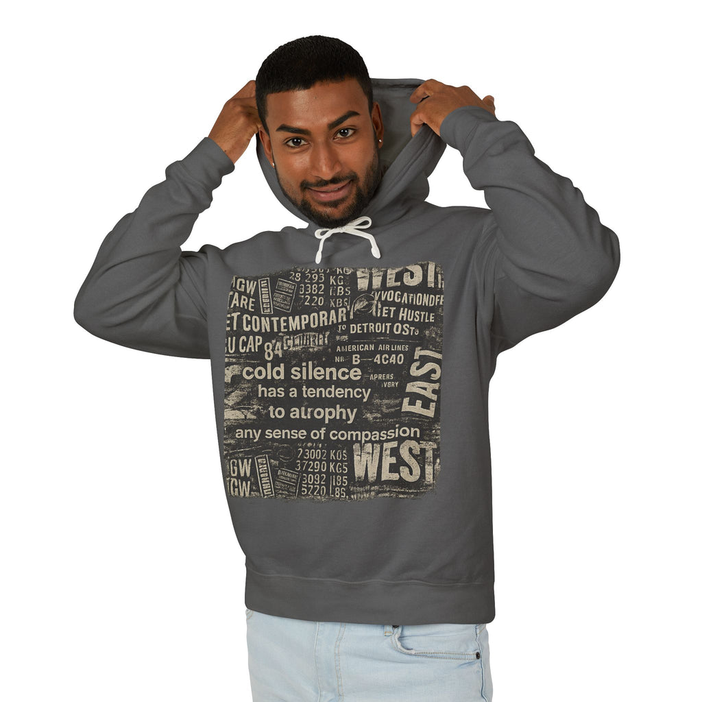 Vintage Newspaper Graphic Hoodie — "cold silence has a tendency to atrophy"