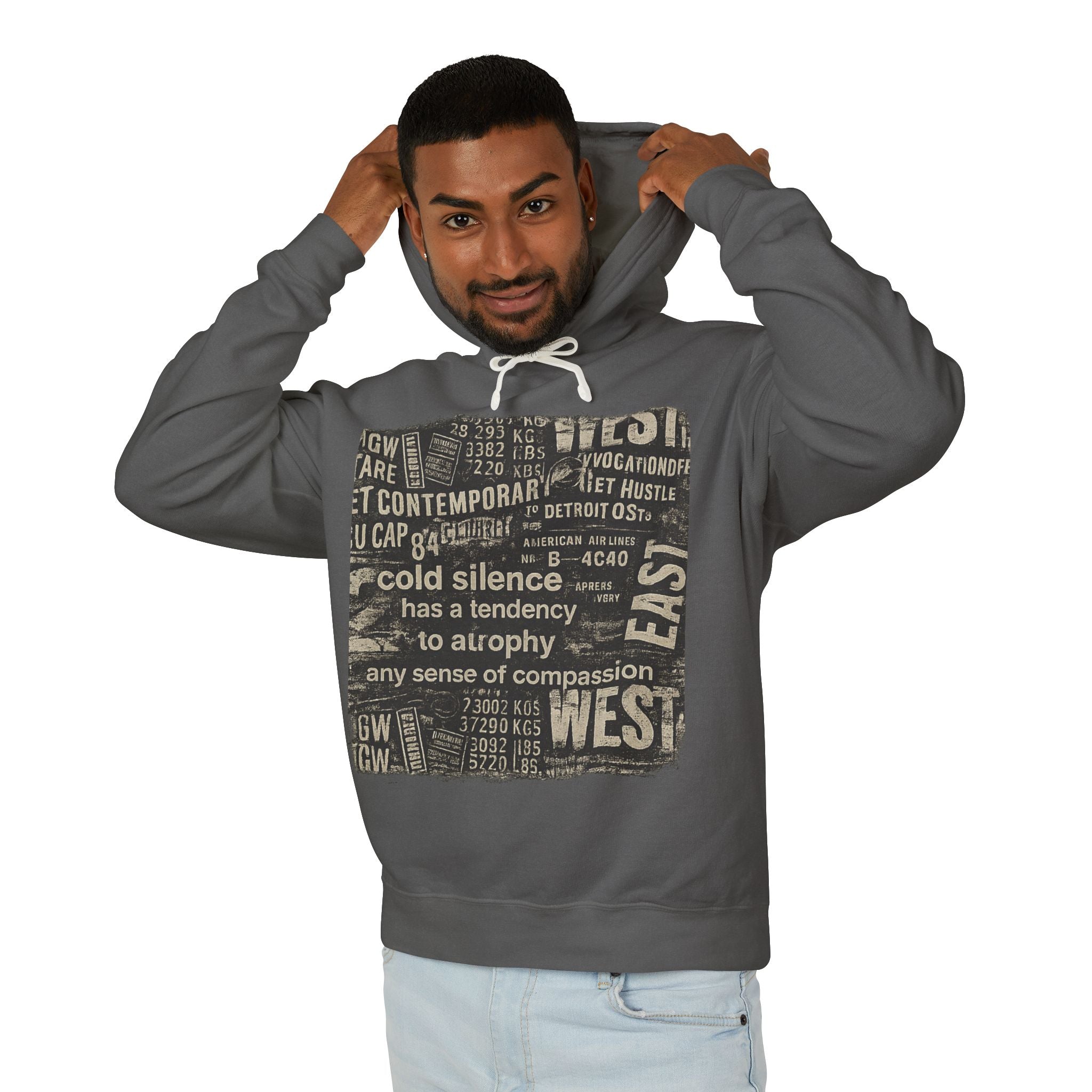 Vintage Newspaper Graphic Hoodie — "cold silence has a tendency to atrophy"