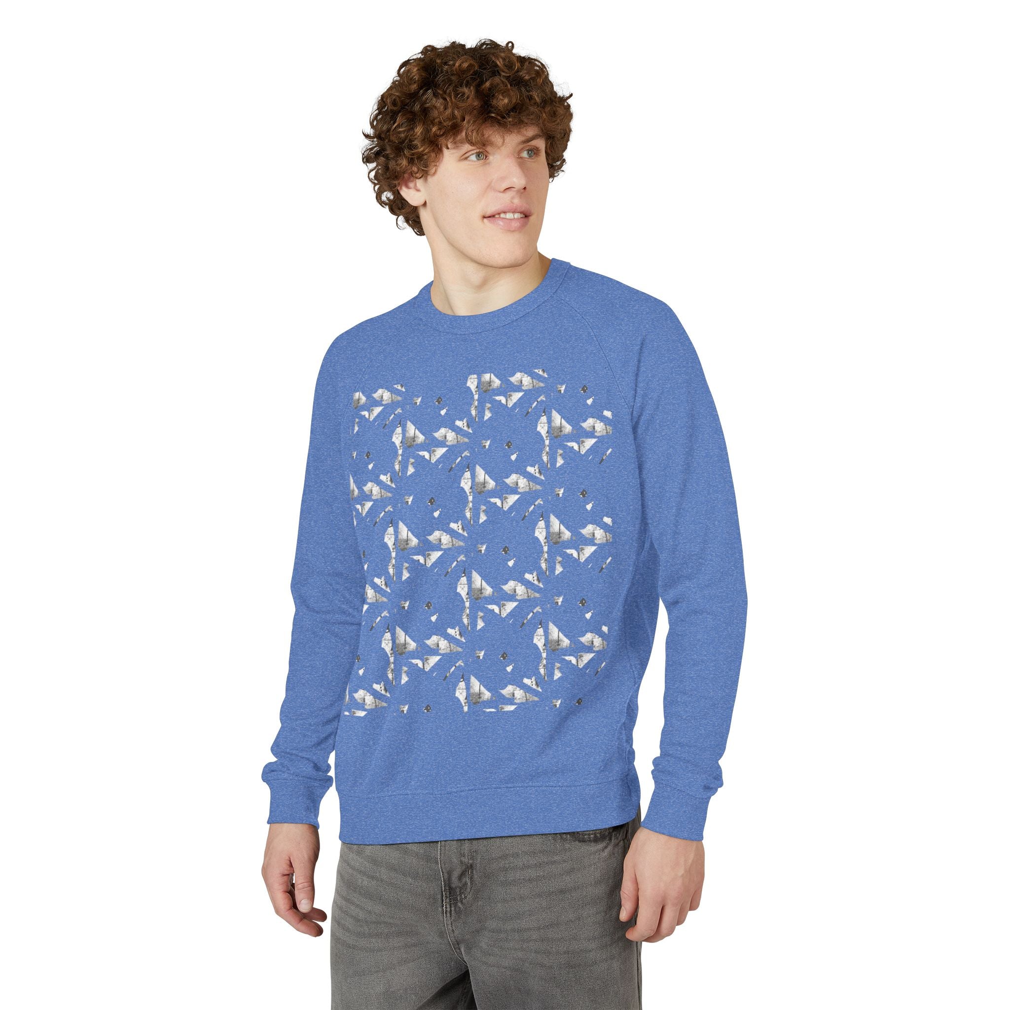 Graphic Raglan Crewneck Sweatshirt — Monochrome Geometric Pattern