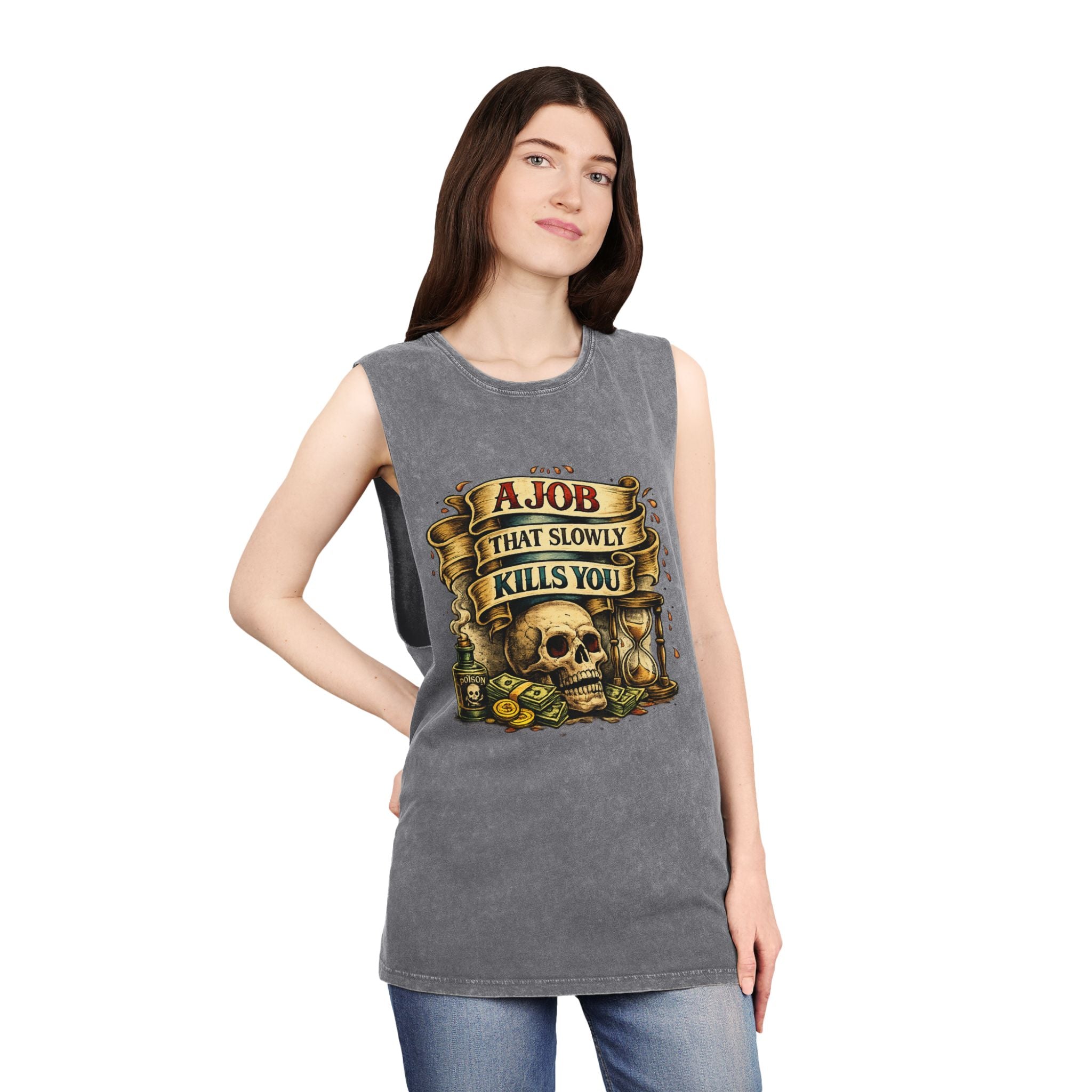 Tank Top — Retro Skull 'A Job That Slowly Kills You' Stonewash Muscle Tee