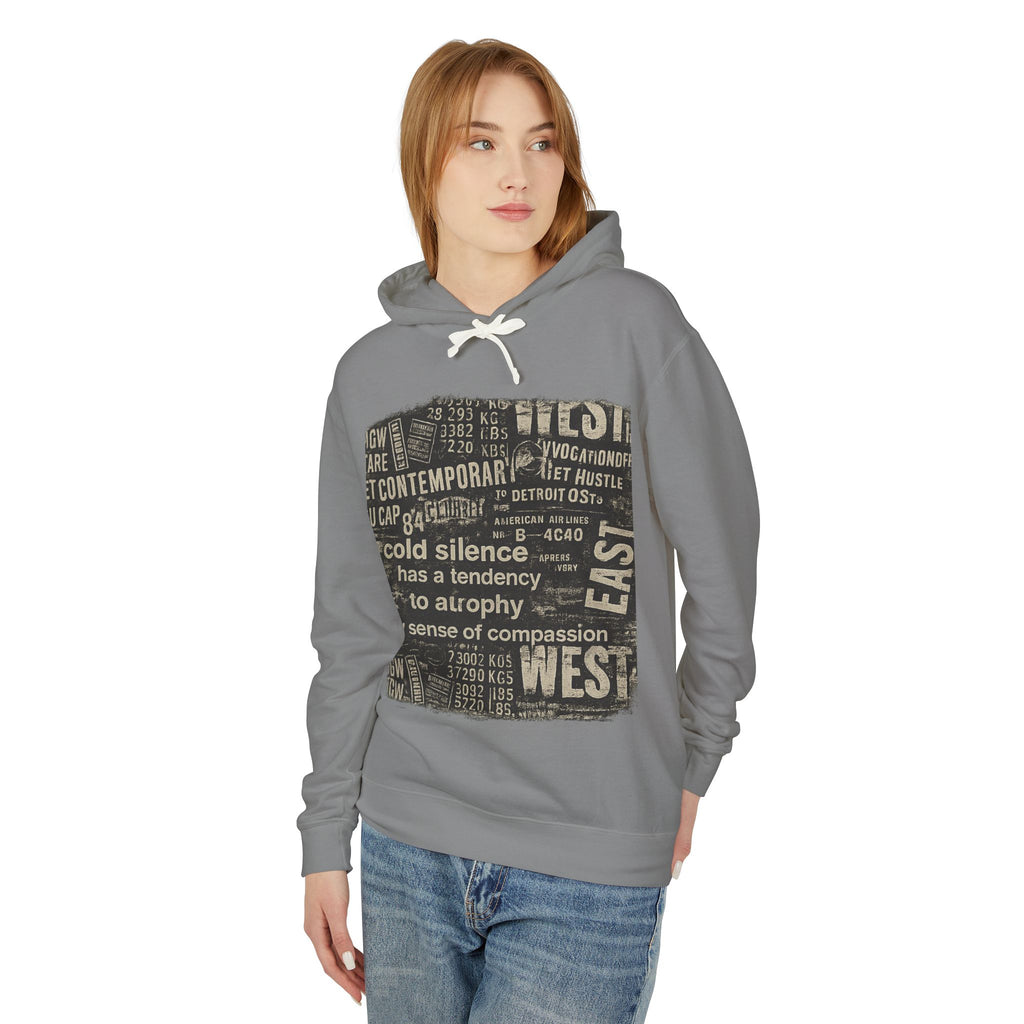 Vintage Newspaper Graphic Hoodie — "cold silence has a tendency to atrophy"