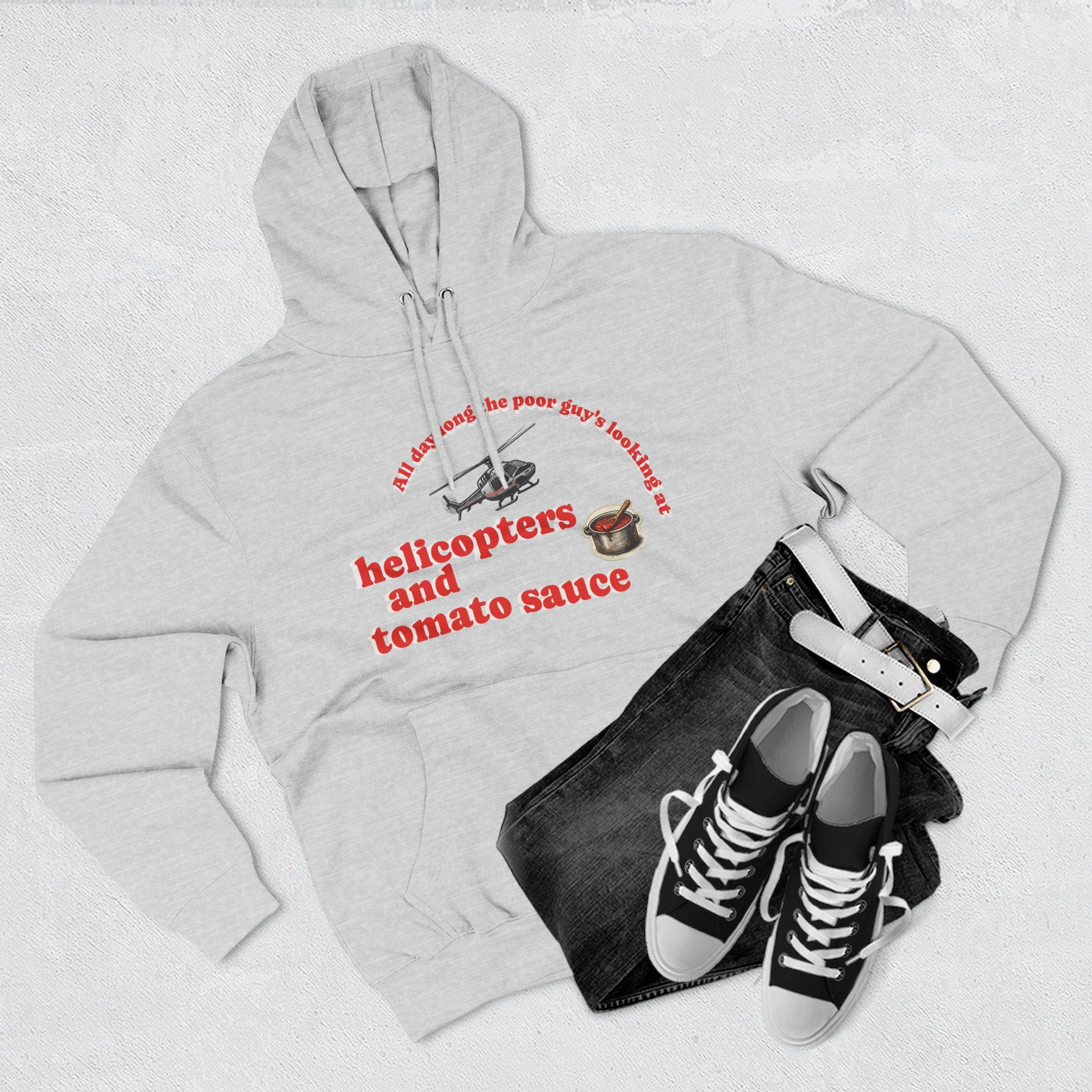 Hoodie — 'Helicopters and Tomato Sauce' Graphic Pullover (Retro Helicopter + Sauce Pot Print)