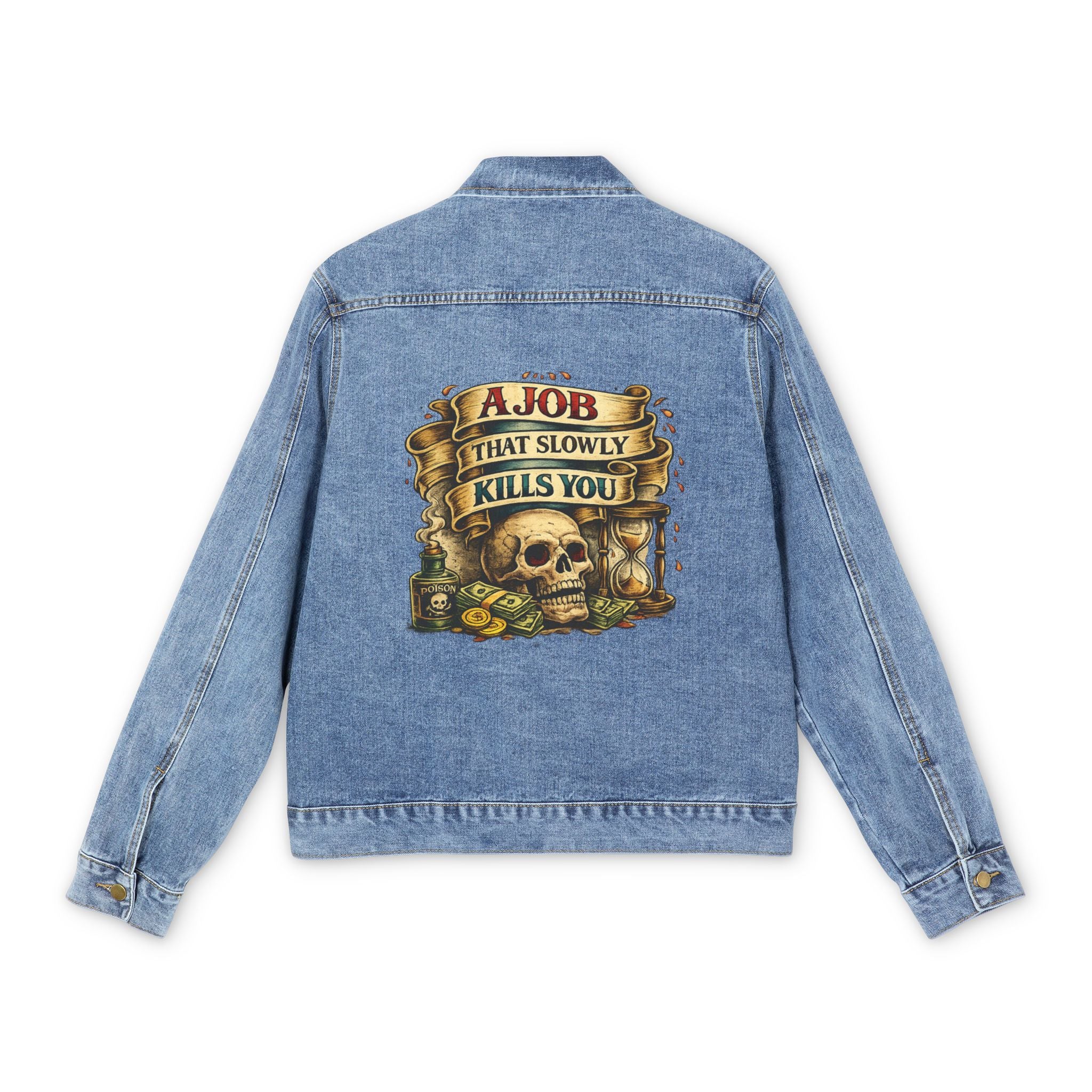 Denim Jacket — "A Job That Slowly Kills You" Skull Back Graphic