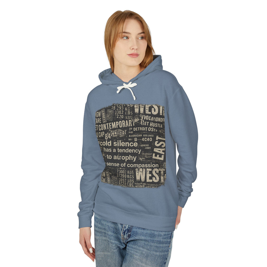 Vintage Newspaper Graphic Hoodie — "cold silence has a tendency to atrophy"
