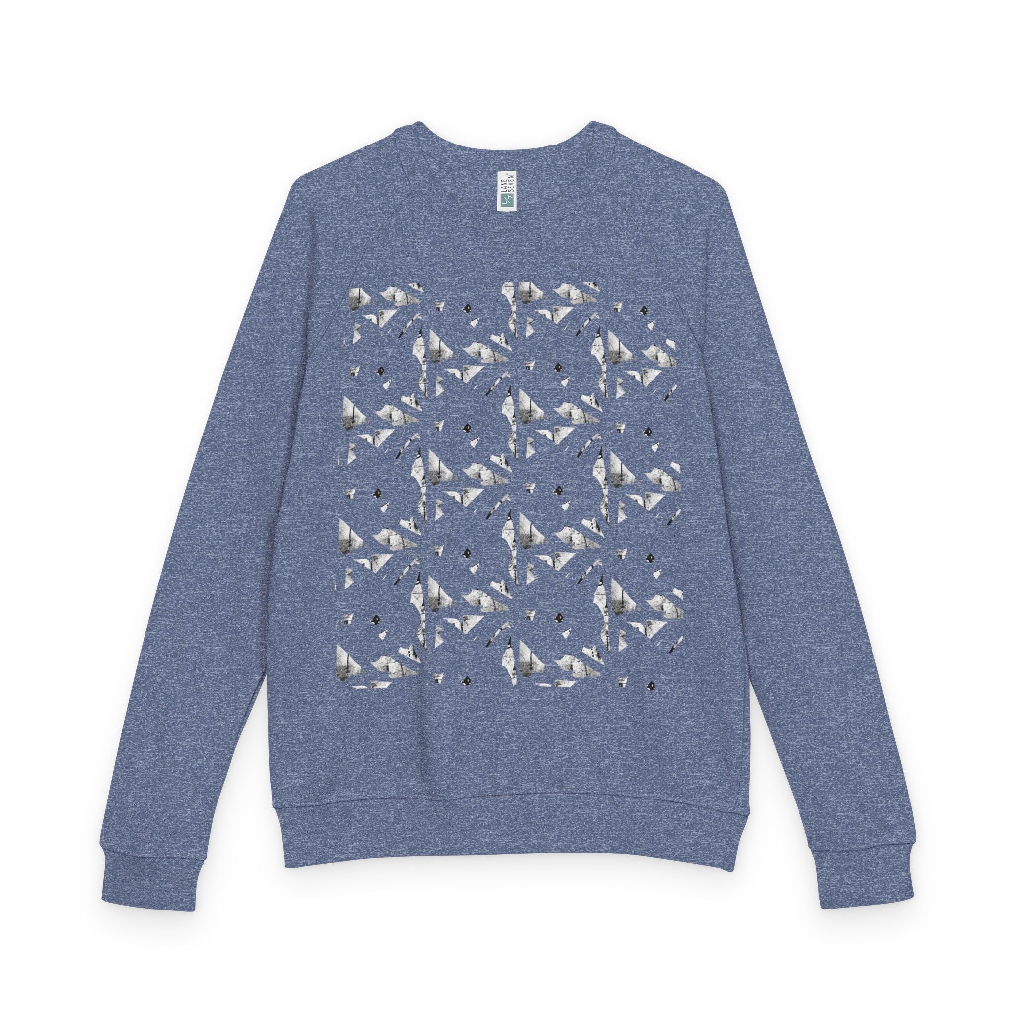 Graphic Raglan Crewneck Sweatshirt — Monochrome Geometric Pattern